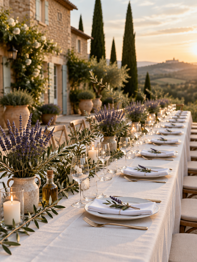 Table de mariage en Provence dressée avec nappe blanche en lin